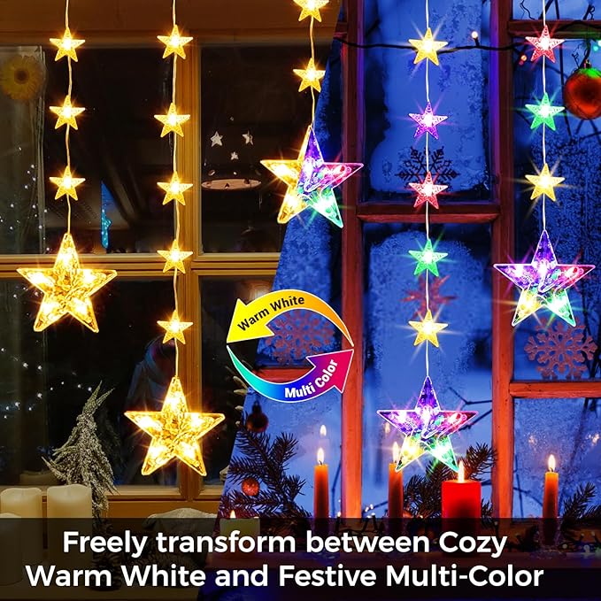 32 Stars Christmas Window Lights, IP65 Waterproof 52 LEDs Twinkle Star Fairy String Lights with 8 Modes Timer, Warm White & Multicolor, Battery Operated Hanging Xmas Star Decoration for Indoor Outdoor