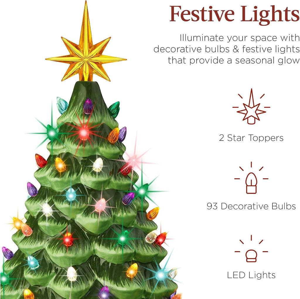 Best Choice Products 18in Large Ceramic Christmas Tree, Pre-lit Hand-Painted Tabletop Holiday Decoration w/Power Cord, 2 Star, 93 Multicolored Bulbs, LED Lights - Green