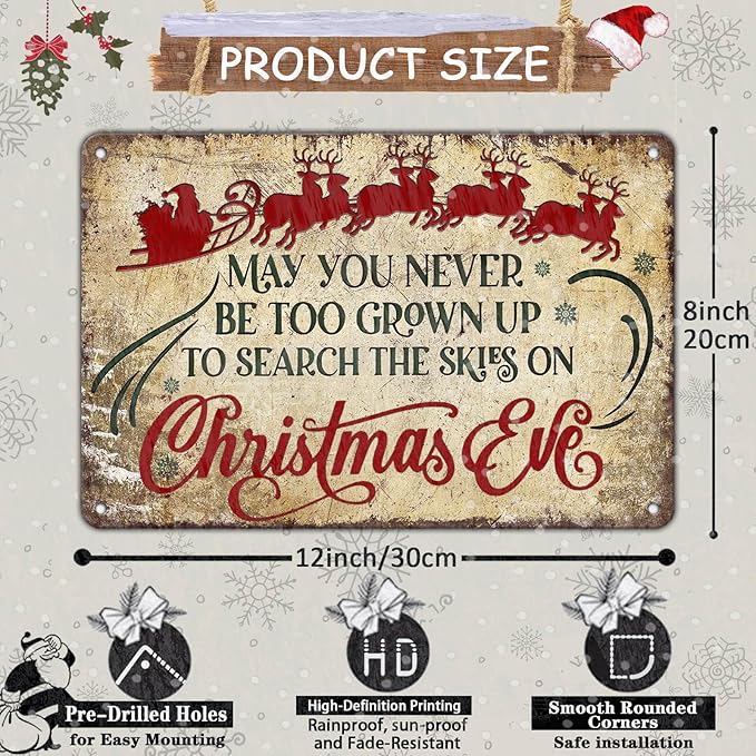 Christmas Signs Vintage Metal Tin, May You Never to Too Grown Up to Search The Skies Christmas Eve 8x12 Inch Rustic Wall Art for Festive Home Decor and Holiday Gifts