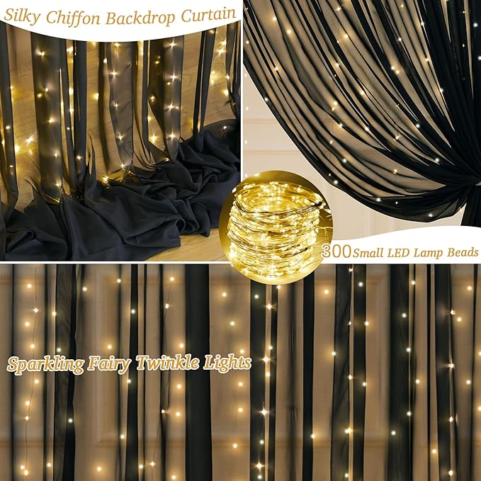 10x10ft Black Chiffon Backdrop Curtain with Lights for Wedding Birthday Parties, Wrinkle Free Backdrop Curtains with Lights for Halloween Baby Shower Gender Reveal Photo Shoot (5 x 10ft,2 Panels)
