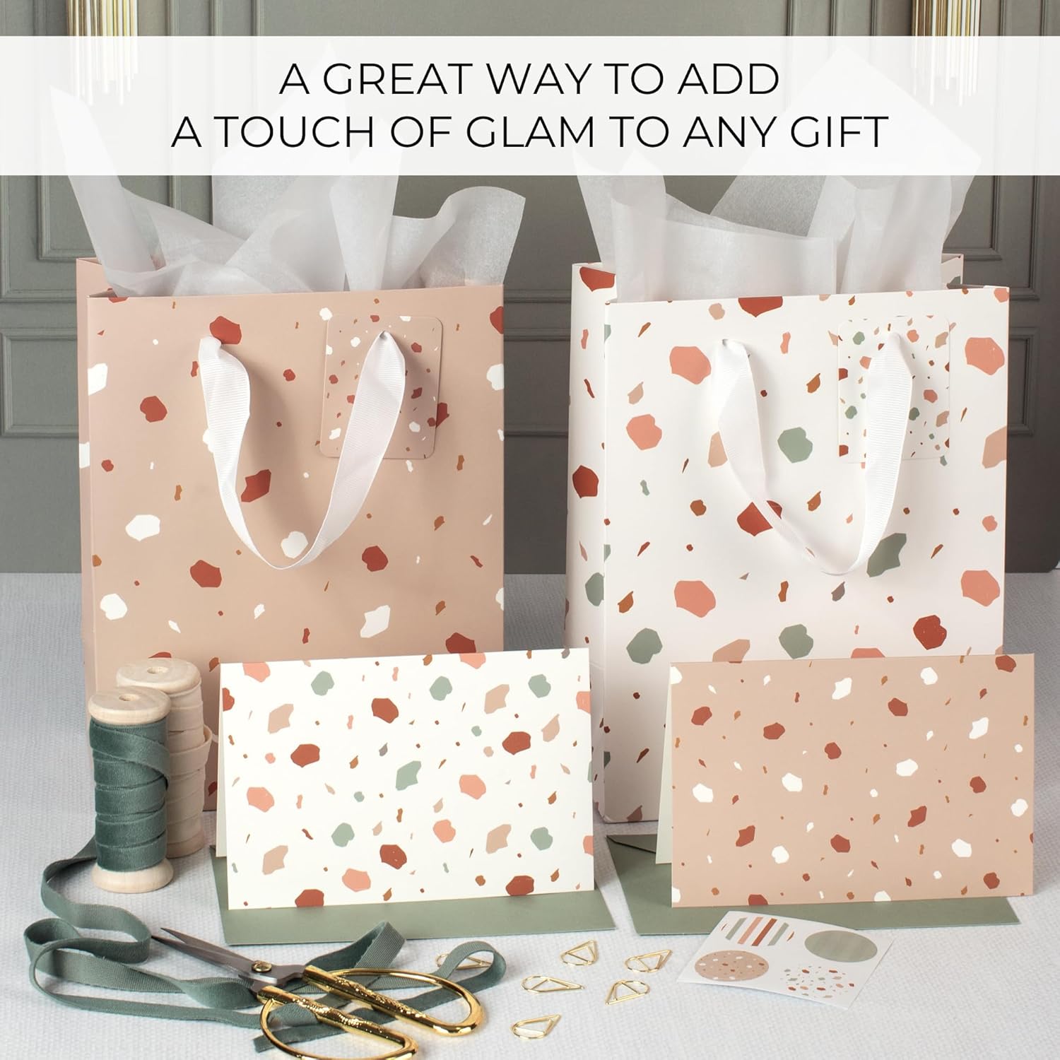 Beautiful Gift Bags Set of 4 - Medium Sized 9" Bags with Handles incl. Matching Tissue Paper, Cards & Small Stickers - Reusable & For Presents of Any Birthday, Weddings, Mothers Day & Other Occasion