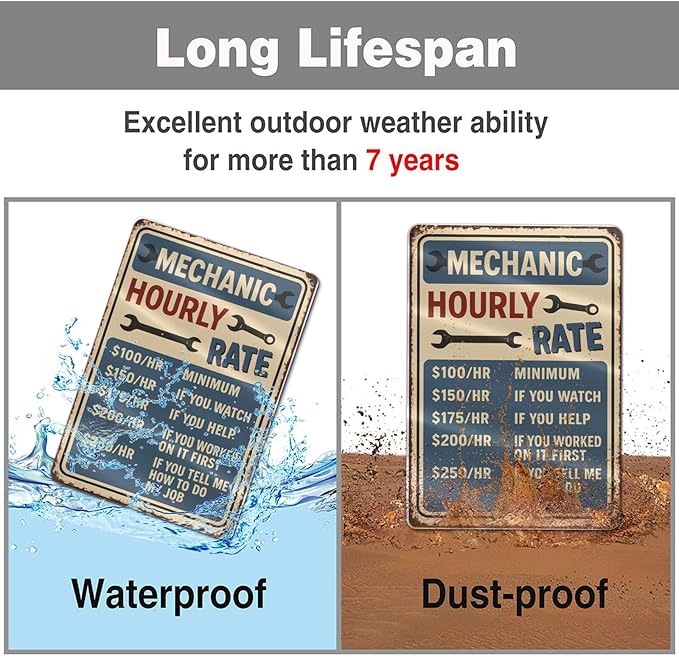Funny Mechanic Hourly Rate Tin Sign - Vintage Metal Wall Decor for Garage, Auto Shop, or Man Cave - Hilarious Gift for Mechanics & Car Lovers 8"x12"