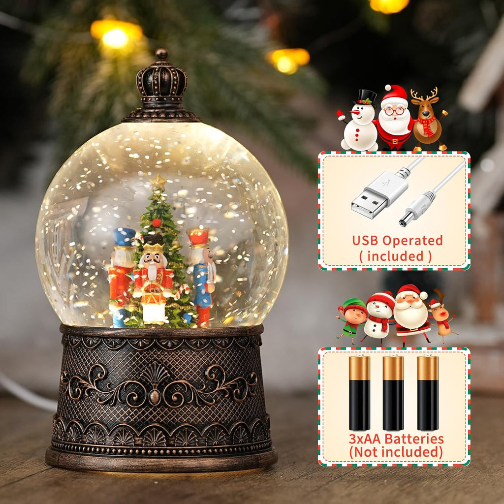 Snow Globe with Nutcrackers, Light Up Christmas Snow Globes with Music Timer - USB Plug or Battery Operated Glitter Globe Indoor Christmas Decorations