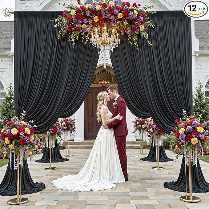 60x12ft Wrinkle Free Black Backdrop Curtain for Wedding Parties,12 Panels 5×12 ft Long Soft Silky Polyester Fabric Backdrop Drapes Black Photo Back Drop Curtains for Party Photography Background Cloth