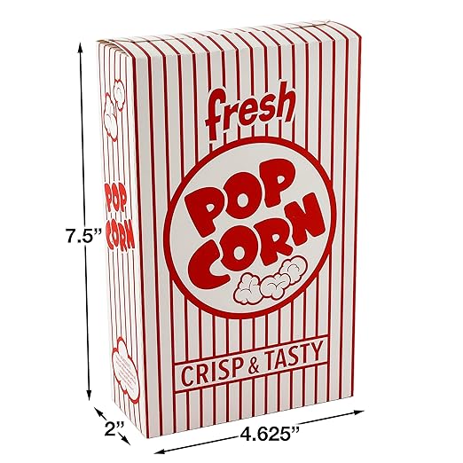 Snappy 3J Red & White Striped Close Top Popcorn Boxes for Movie Night Supplies, Popcorn Boxes Bulk 100 Count, Movie Night Popcorn Boxes 1.25 oz. Capacity, 4.625” x 2” x 7.5” Popcorn Containers