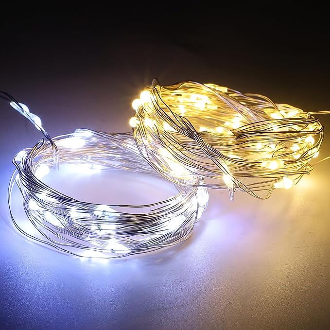 WATERGLIDE 12 Pack Fairy Lights Battery Operated (Included), 7 ft 20 LED Mini String Lights, Waterproof Silver Wire Firefly Starry Light for DIY Wedding Christmas Party Decor, 6 Warm White & 6 White