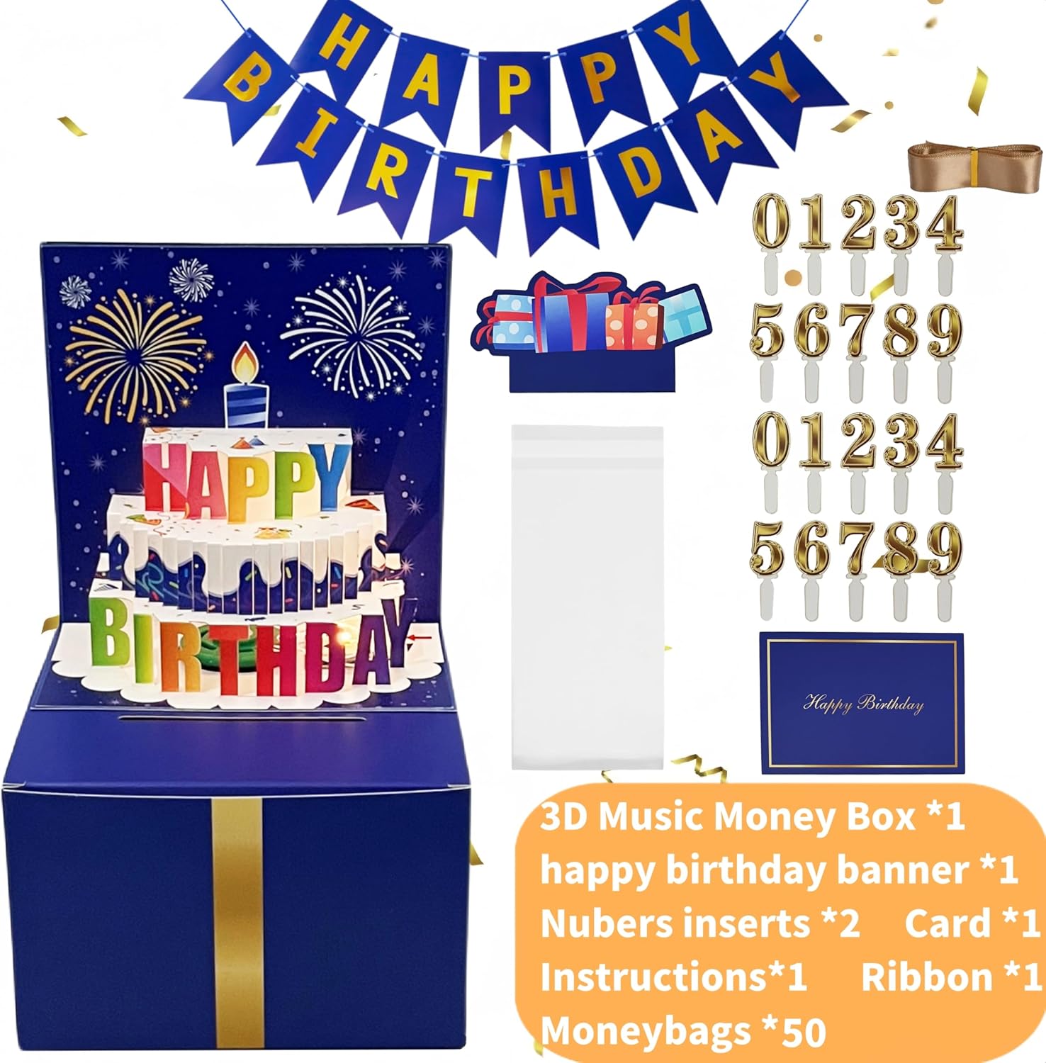 JINSTABAG Birthday Money Box for Cash Gift, Money Pull Box with Music Light DIY Sticker 13th 16th 18th 21th Any Age and Banner, Birthday Decorations for Boys Girls Kids Adult (Dark Blue)