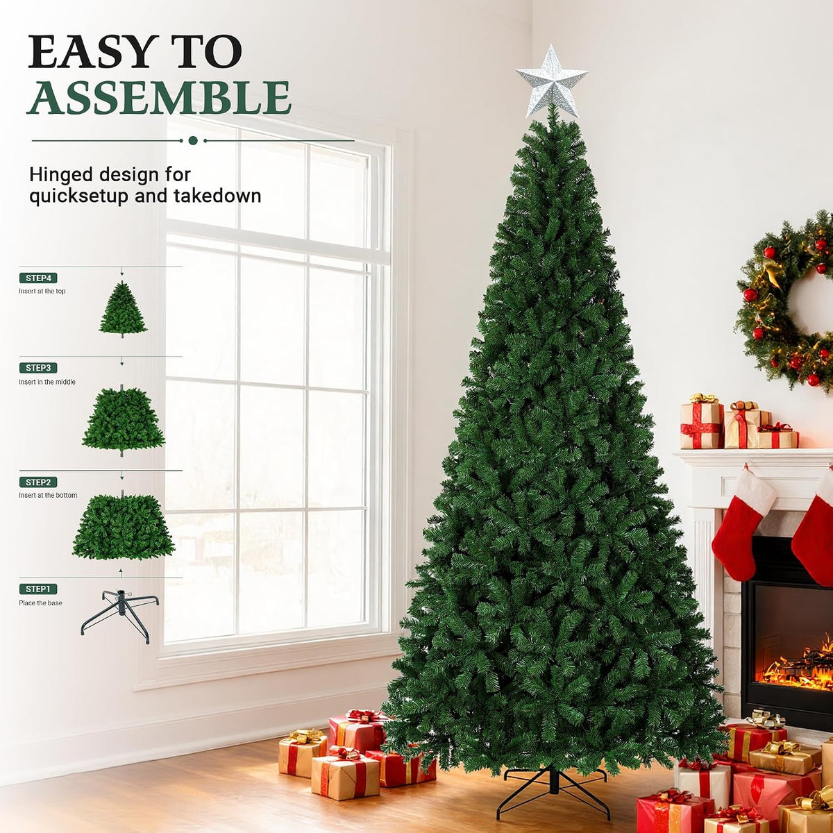 artificial christmas tree,7.5ft christmas with over 1800 branch showing dimensions