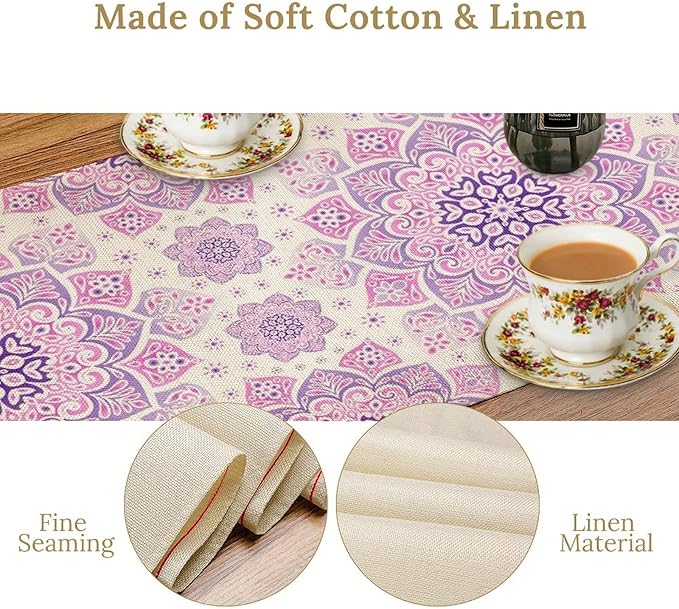 Purple Pink Mandala Table Runner, Traditional Indian Boho Mandala Flowers Print Table Runne for Kitchen Dining Table Office Wedding Party Holiday Home Decor, 13x108inch