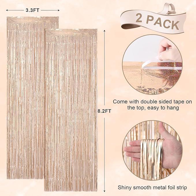 2 Pack Laser Champagne Foil Fringe Backdrop Curtains, Tinsel Streamers Birthday Party Decorations, Fringe Backdrop for Graduation, Baby Shower, Gender Reveal, Disco Party