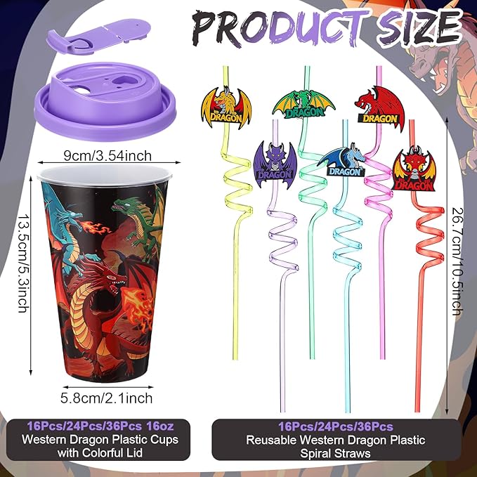 Yungyan 24 Sets Dragon Party Favors Goodie Cups with Lids and Straws for Birthday Decorations Reusable 16oz Plastic Candy Cups Plastic Straws for Birthday Party (Dragon)