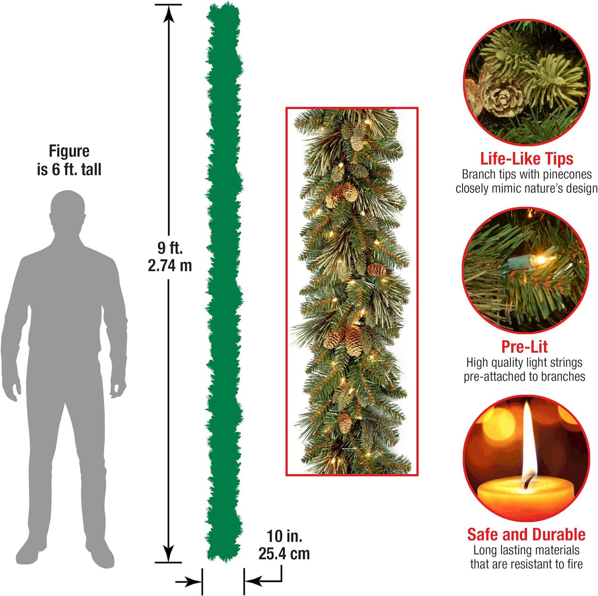 national tree company 9ft pre-lit carolina pine christmas, close-up detail