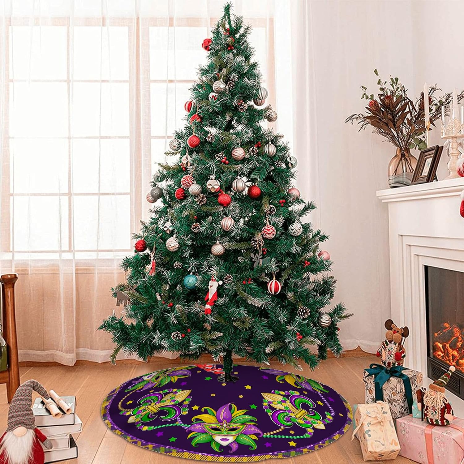 Mardi Gras Tree Skirt 36in - Mardi Gras Christmas Tree Decor Ornament for Mask Beads Feather Purple Carnival Christmas Trees Mat Decorations for Home Holiday Party