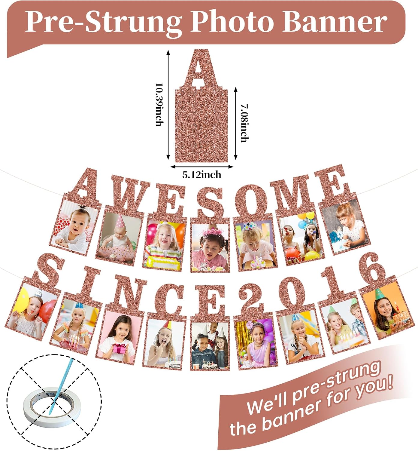Pre-strung Awesome Since 2016 Photo Banner Birthday Decorations for Girls Women- Pink Rose Gold Glitter Happy 10th Birthday and Anniversary Decorations Party Supplies