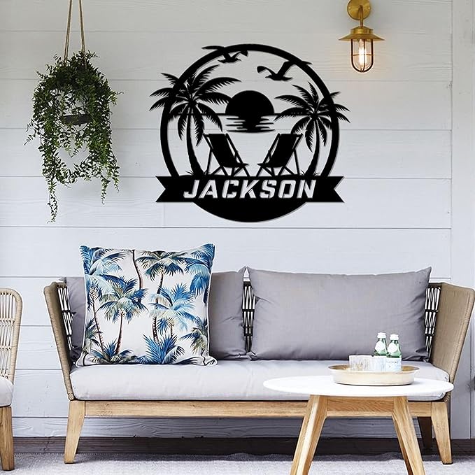 Personalized Beach Decor for Home, Custom Metal Sign Outdoor Nautical Decor, Palm Trees Coastal Wall Art, Family Last Name Sign, Housewarming Christmas Wedding Gifts