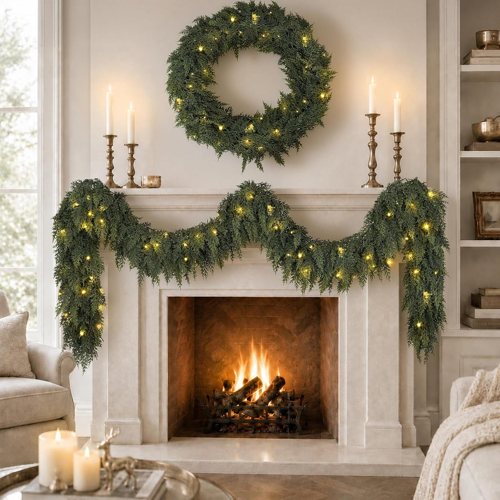 9ft pre-lit christmas garland with lights cedar garland on a desk or shelf