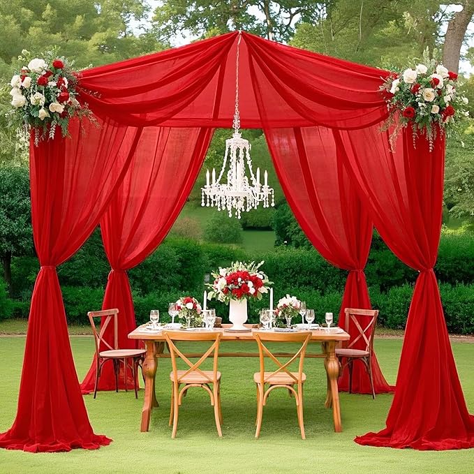 MODFUNS Red Ceiling Drapes for Weddings 5x30ft 6 Panels Chiffon Ceiling Curtain Sheer Fabric for Draping Tulle Arch Drapery Fabric Semi Sheer Backdrop Curtains for Ceremony Hall Ceiling Decor