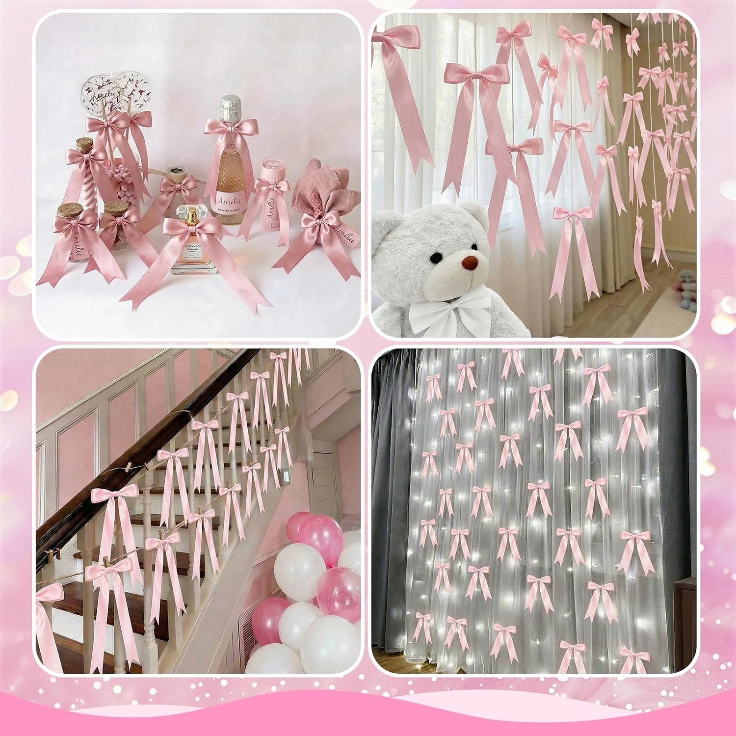 2 Strings Pink Bow Garland Banner Decorations, 16Pcs Pre-Strung Satin Ribbon with 6.7ft Chain for Girl Pink Ribbon Bow Banner Coquette Room Birthday Baby Bridal Shower Wedding Bachelorette Party Decor