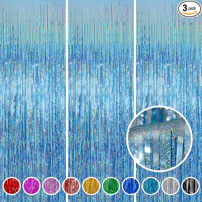 Foil Fringe Curtains Party Decorations - Melsan 3 Pack 3.2 x 8.2 ft Tinsel Curtain Party Photo Backdrop for Birthday Party Baby Shower or Graduation Decorations Light Blue