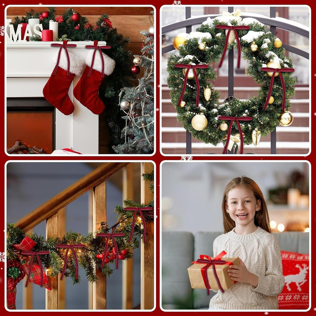 12PCS Red Velvet Bows for Christmas Tree, Bows for Christmas Tree, Garland Red Velvet Bow Ornaments for Christmastree with Gold Twist Ties (Burgundy)