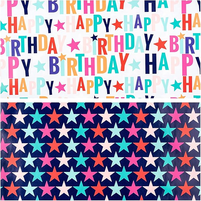 LeZakaa Reversible Stars Birthday Wrapping Paper Roll, Happy Birthday Lettering & Colorful Star, for Boys Girls, Mini Roll, 17 inches x 32.8 Feet (46.45 sq.ft.)