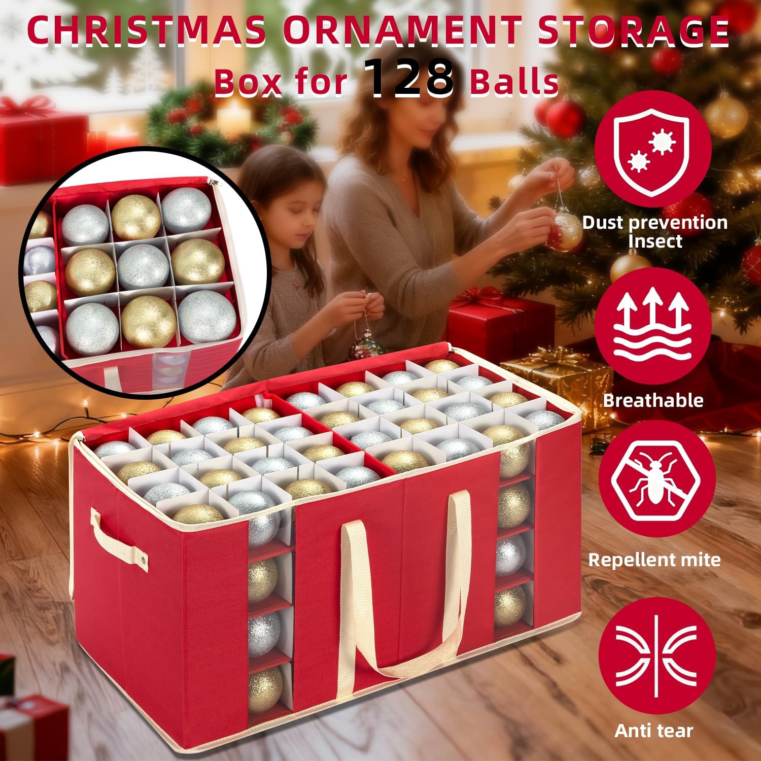 DIMESHY Large Christmas Ornament Storage Box With Adjustable Dividers,Ornament Storage Container with Two Handlesfor 128 Holiday Decorations,Red