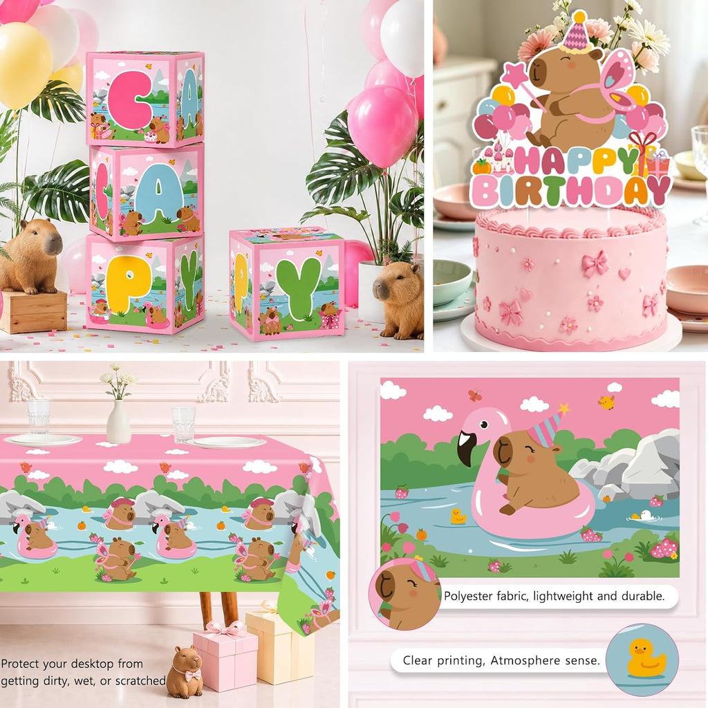 pink capybara birthday party decorations balloon arch set, side view