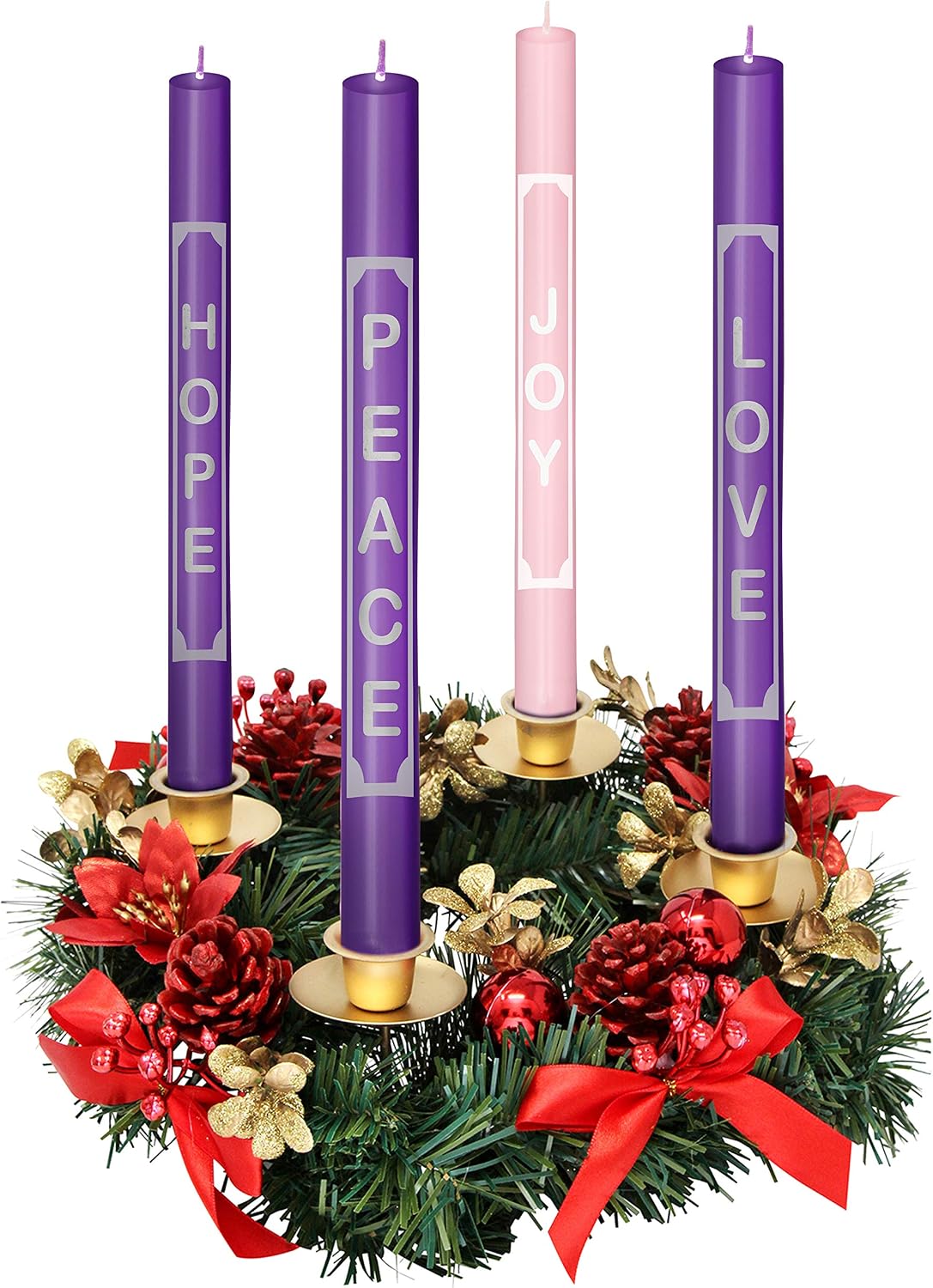 Advent Candles with Words Love, Peace, Hope, Joy On the Candles - Christmas Advent Candle Set of 4 for Advent Rings and Advent Wreaths- Premium Hand Made - Self Fitting End - for Church Advent Wreath