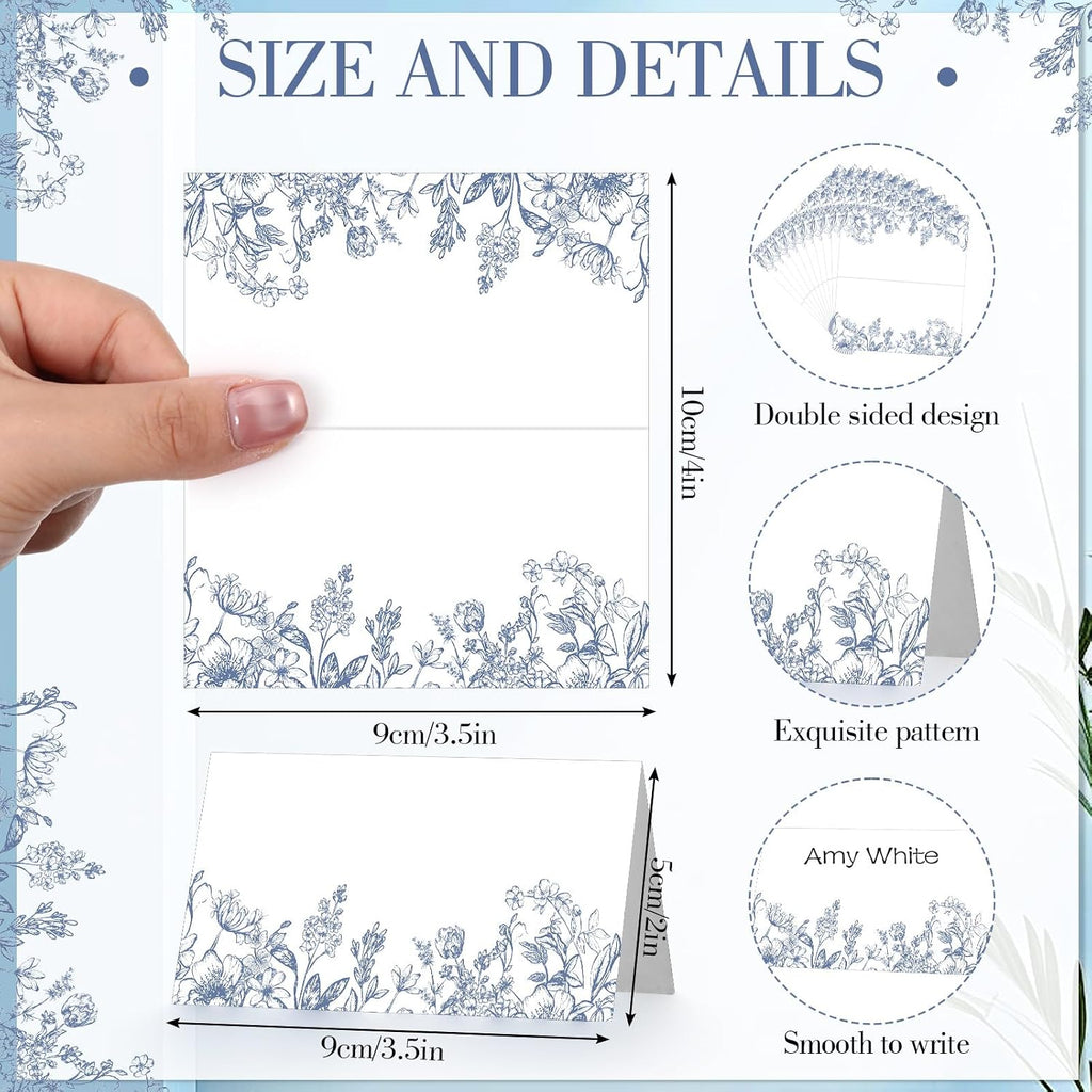 Dunzoom 100 Pcs Blue Floral Place Cards 3.5" x 2" Chinoiserie Blue White Flower Tented Name Card Blank Table Name Sign for Wedding Baby Shower Birthday Party Banquet Table Setting Supplies