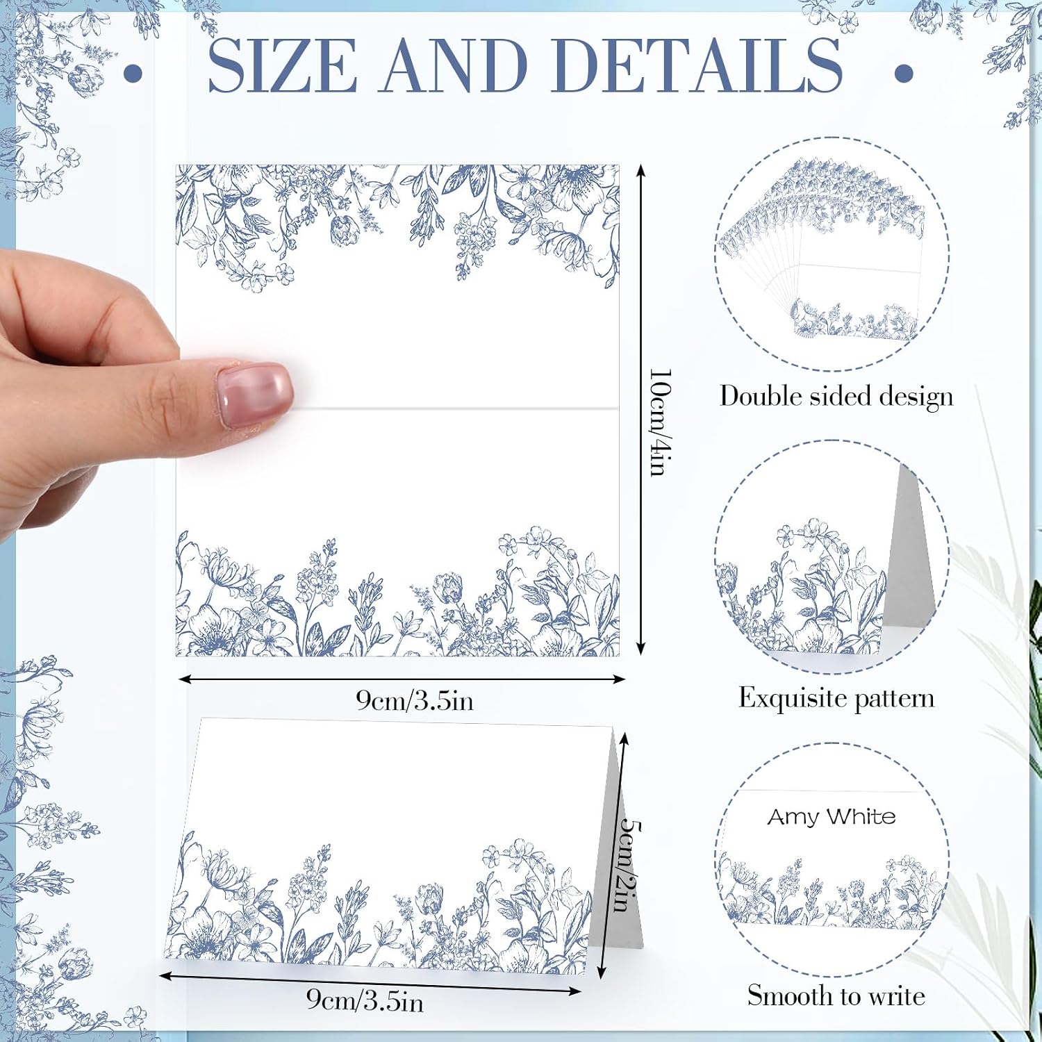 Dunzoom 100 Pcs Blue Floral Place Cards 3.5" x 2" Chinoiserie Blue White Flower Tented Name Card Blank Table Name Sign for Wedding Baby Shower Birthday Party Banquet Table Setting Supplies