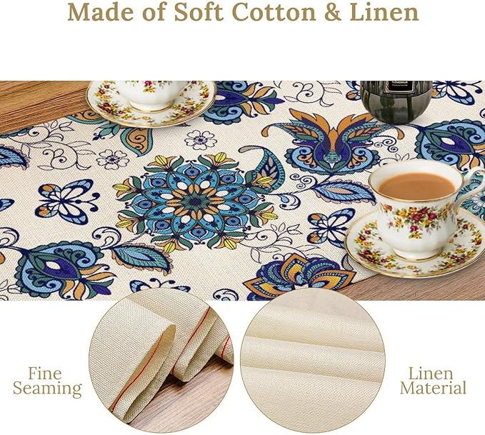 Oriental Paisley Table Runner, Luxury Vintage Blue Teal Floral Butterflies Print Table Runner for Home Dining Kitchen Coffee Table Party Decor, 13x90inch