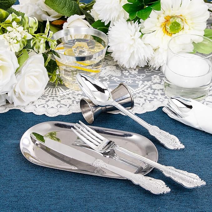 Liacere 350PCS Silver Plastic Plates-Disposable White and Silver Plates 50guest Baroque Plastic Dinnerware Set include 100Plates, 50Pack Pre Rolled Napkins with Silverware 50Cups Perfect for Chrismas