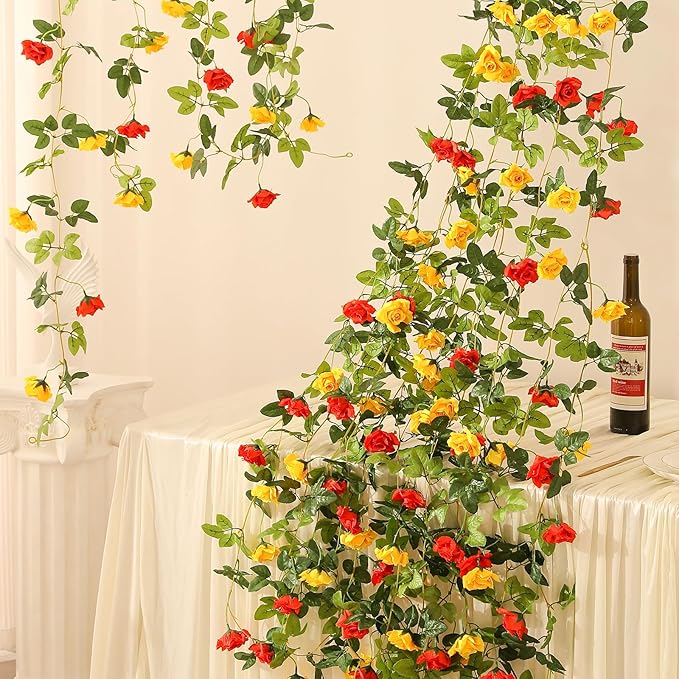Floweroyal 4 Pack Artificial Flower Garlands 15.8FT Fake Rose Vines Silk Flowers Hanging Rose Ivy for Wedding Arch Party Home Garden Wall Decor (Orange Yellow)