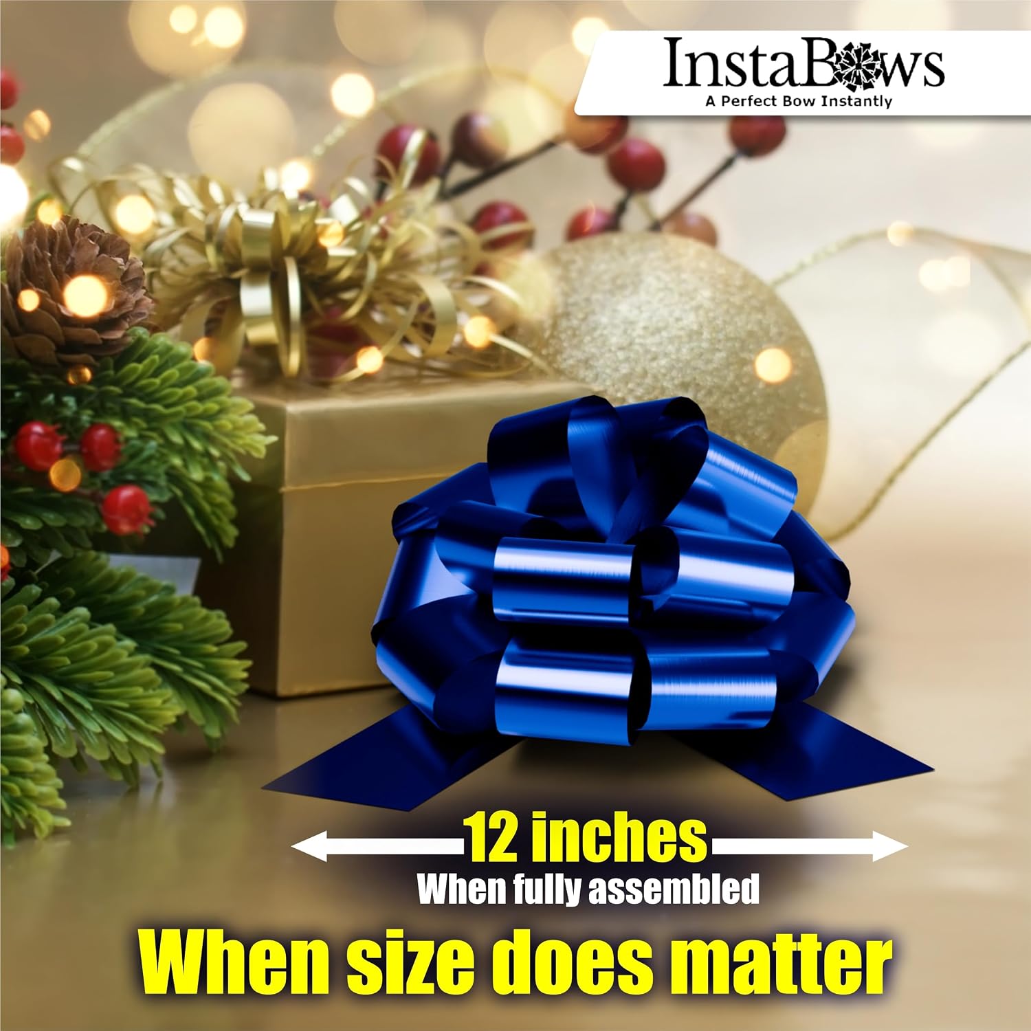 Large Gift Bow 12" Pull String Bow (Blue, 1XBow) | Perfect For Gift Wrapping Big Presents Cars Bikes & More