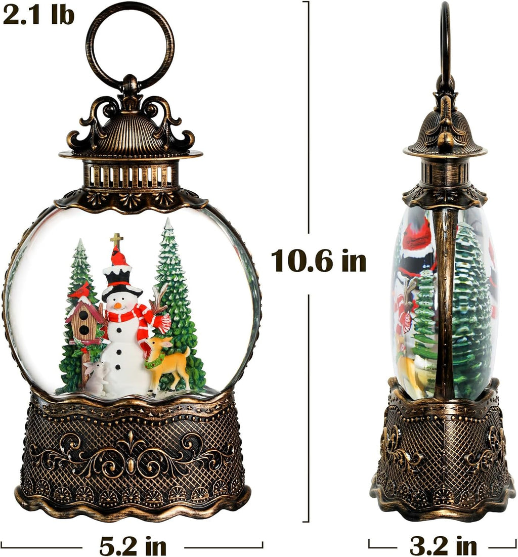 Priddop Snowman Snow Globe Christmas Decorations Indoor Deer Cardinal Snowman Gifts Classic Relief Texture Musical Glitter Snowfall USB/Battery Timer Lantern 10.6 inch