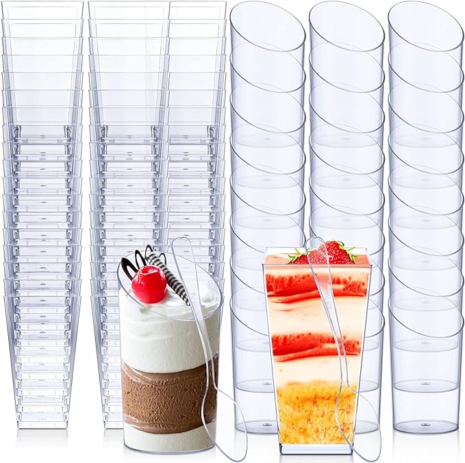 Nuogo 100 Pcs Mini Dessert Cups with Spoons Include 3 oz Square Plastic Appetizer Cups 2.5 oz Slanted Round Parfait Shooter Cup Small Clear Mousse Pudding Cup for Wedding Baby Shower Birthday Party