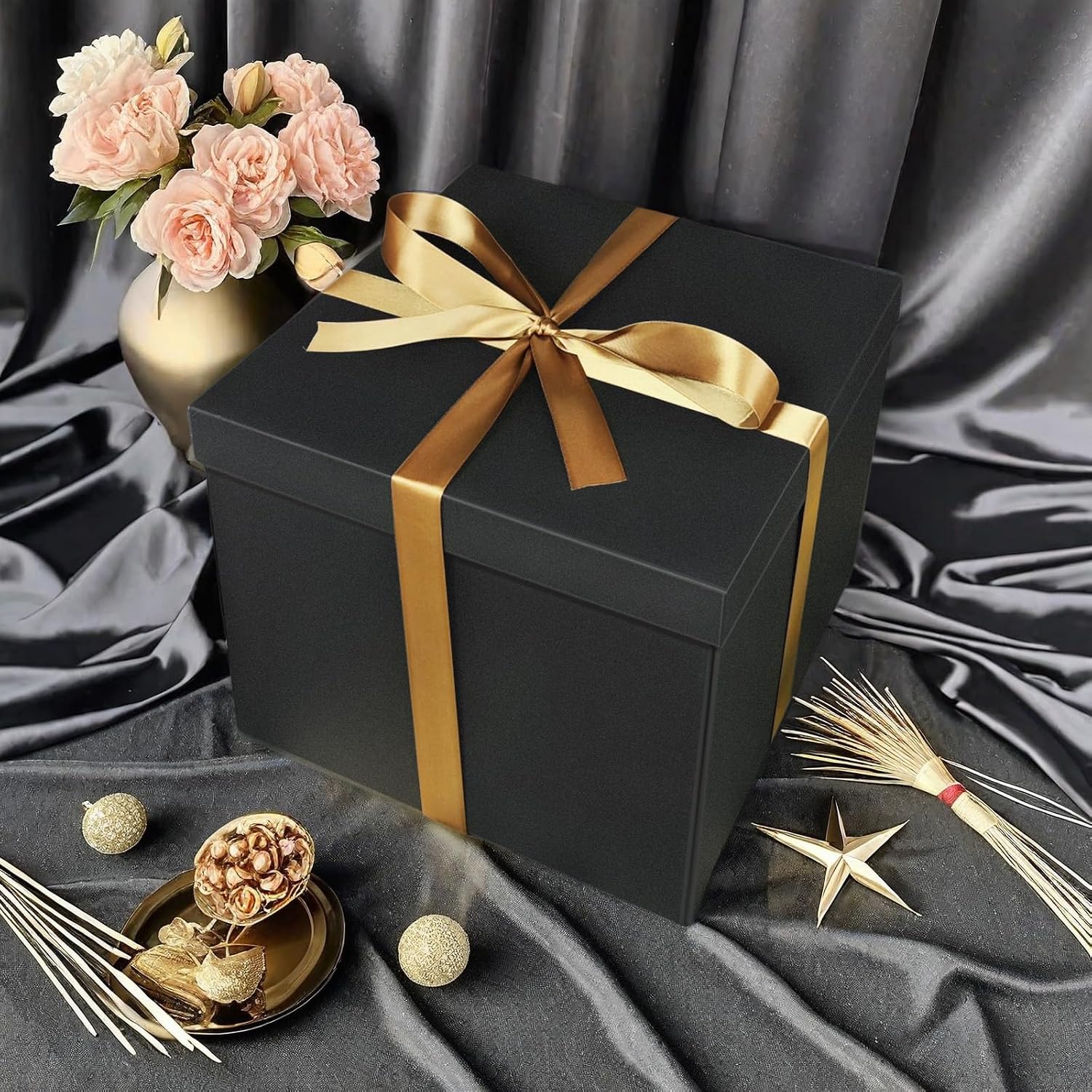 YINUOYOUJIA Large Gift Box 12x12x10 Inches,Black Boxes for presents with Ribbon,Card,Shredded Paper for Birthday,Valentine's Day,Mother's Day,Christmas,Anniversaries.