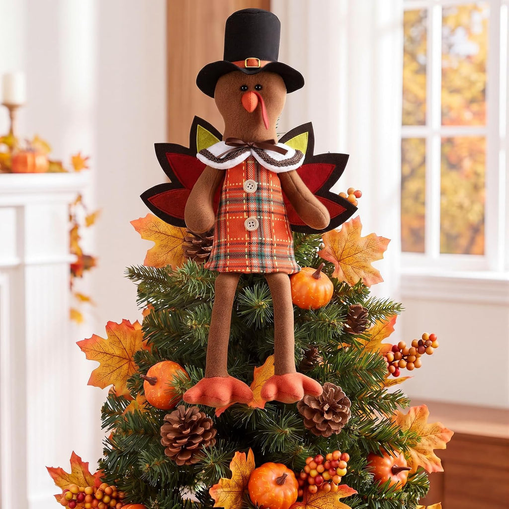 Soulchen 21 Inch Thanksgiving Turkey Tree Topper Plush Gnome Fall Tree Topper with Wings Hat and Dangle Legs Harvest Autumn Ornament for Home Farmhouse Party Decor