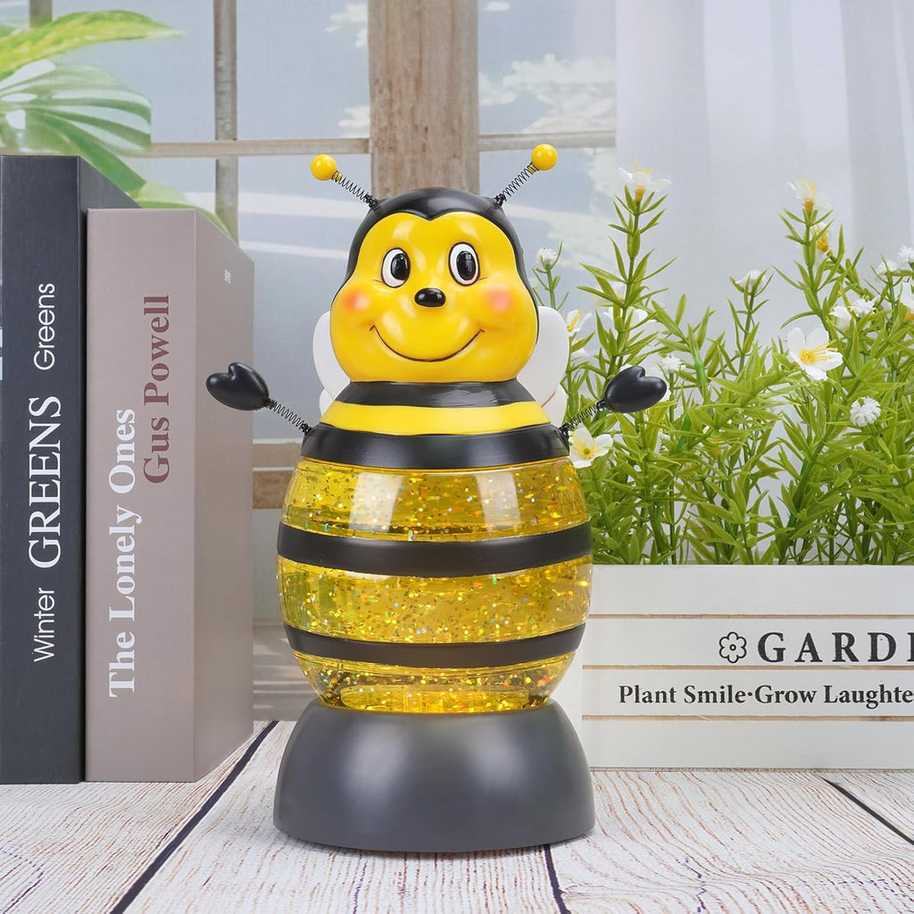 Summer Bee Snow Globe Decor with 6H Timer, Swirling Glitter Bee Snowglobe Spring and Summer Figurine Decorations, USB/Battery Operated, for World Bee Day Spring Holiday Home Decor and Gift