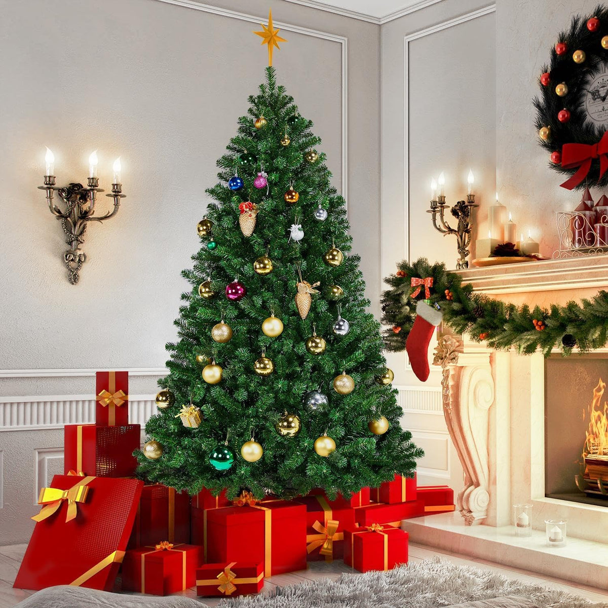 yaheetech 6ft pre-lit christmas tree with 300 warm, package contents