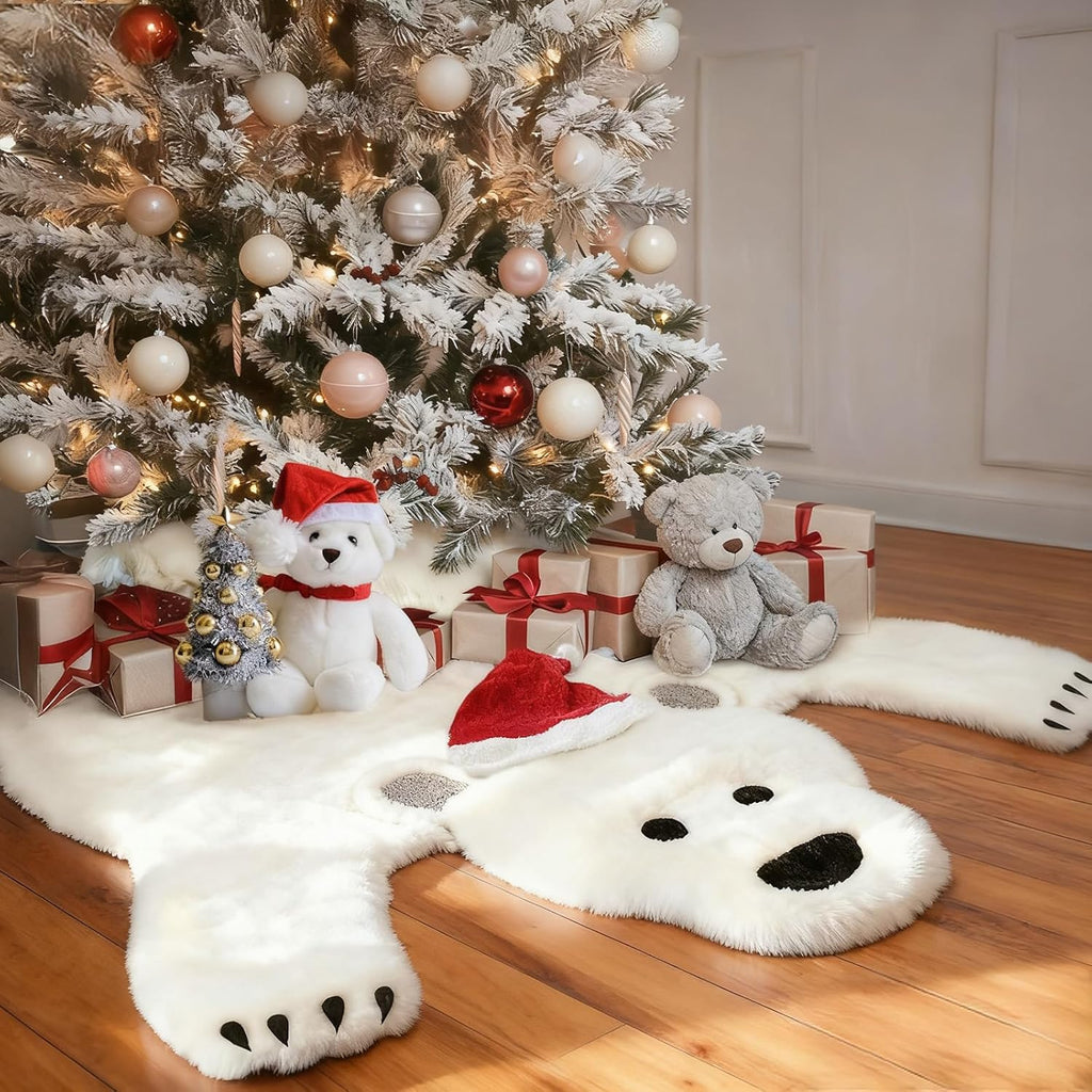AerWo 48 Inch Christmas Tree Skirt, Faux Fur Polar Bear White Tree Skirt for White Christmas Decorations Indoor Party Holiday Xmas Home Decor