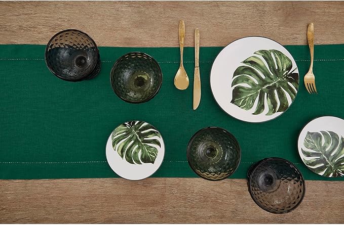 Solino Home Linen Rainforest Green Hemstitch Table Runner 60 Inches - 100% Pure Linen Small Table Runner 14 x 60 Inch Ideal for Dresser and Coffee Tables - Classic Hemstitch - Christmas, Thanksgiving