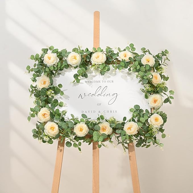 Dolicer 2Pcs 13Ft Artificial Eucalyptus Garlands with Flowers, Faux Floral Greenery Garlands Fake Flowers Vines for Wedding Centerpieces Arch Party Ceremony Backdrop Decor (Champagne)
