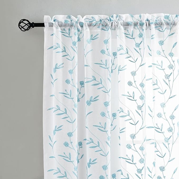Sheer Curtains White-Blue 45 Inches Long Floral Embroidery Rod Pocket Voile Drapes for Living room, Bedroom, Window Treatments Semi Lace Outdoor Curtain Panels for Yard, Kitchen, Set of 2, 52"x 45".