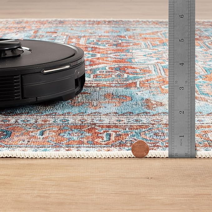Bloom Rugs Washable Non-Slip 8' x 10' Rug - Coral/Sky Blue Traditional Medallion Area Rug for Living Room, Bedroom, Dining Room, and Kitchen - Exact Size: 8' x 10'
