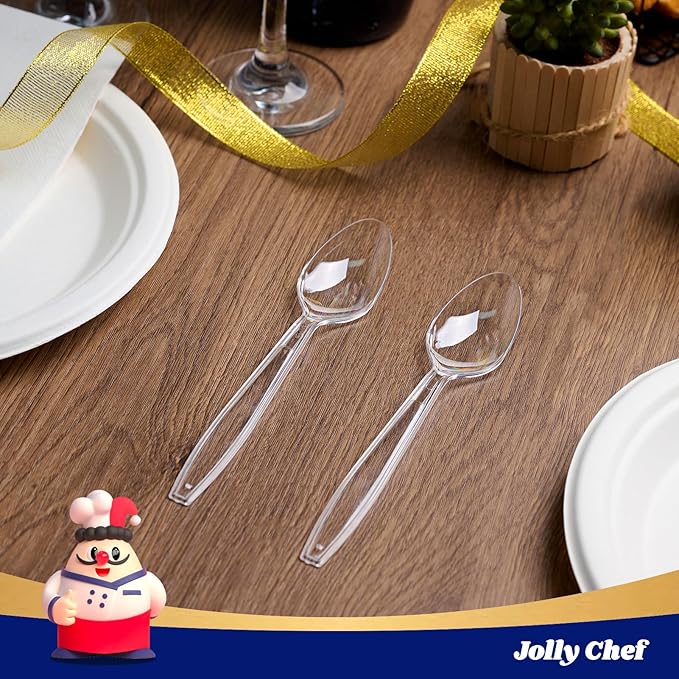 JOLLY CHEF 300 Count Clear Plastic Teaspoons Heavy Duty, 6.54" Heat Resistant Solid and Durable Plastic Teaspoons Disposable, Disposable Bulk Cutlery Suitable for Parties Supply Events Everyday Use
