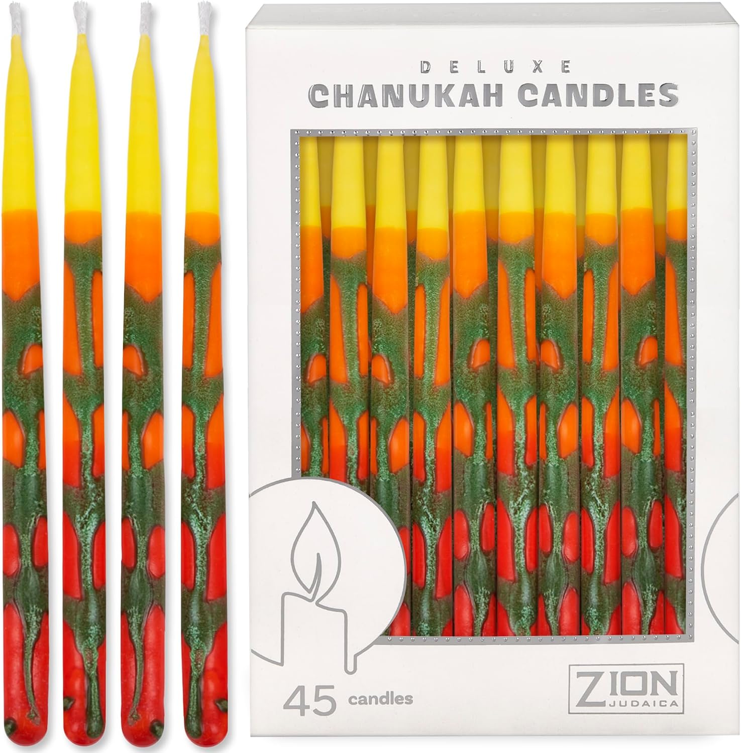 Zion Judaica Deluxe Chanukah Candle Set Blaze of Fire 45 Hand Made Thin Long Decorative Hanukkah Candles for Menorah Includes Prayer Card and DIY Dreidel Décor Candles for Parties Celebrations