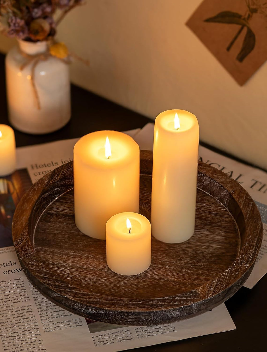 Hanobe Candle Plate Holder Tray: Round Wood Decorative Candle Plate - Rustic Farmhouse Coffee Table Decor - Tealight Pillar Trays for Home Decor (Distressed)