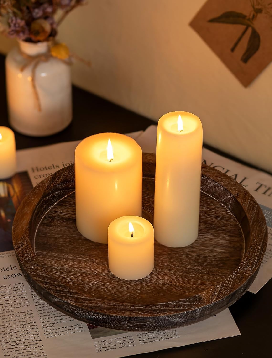 Hanobe Candle Plate Holder Tray: Round Wood Decorative Candle Plate - Rustic Farmhouse Coffee Table Decor - Tealight Pillar Trays for Home Decor (Distressed)
