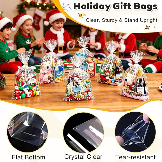 PigPotParty 12"x 16", 50Pcs Bottom Gusset Bags, Clear Plastic Cellophane Gift Mug Treat Goodie Bags with 50x Twist Ties, Large Party Favor Packaging, Toy Wrapping (No Side Gusset)